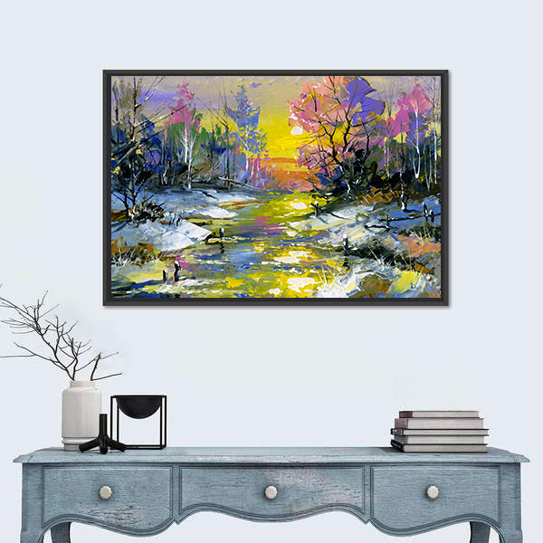 Winter Sunset River in Snowy Forest Canvas Wall Art
