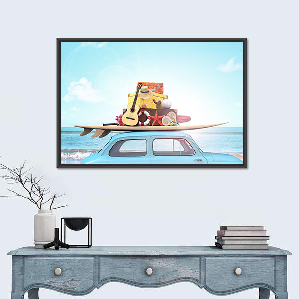 Vintage Beach Car with Surfboard Canvas Wall Art