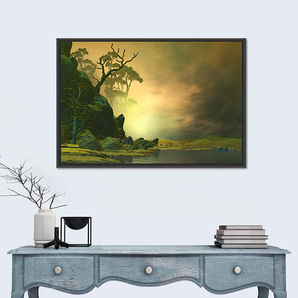 Misty Mountain Lake with Twisted Tree Canvas Wall Art
