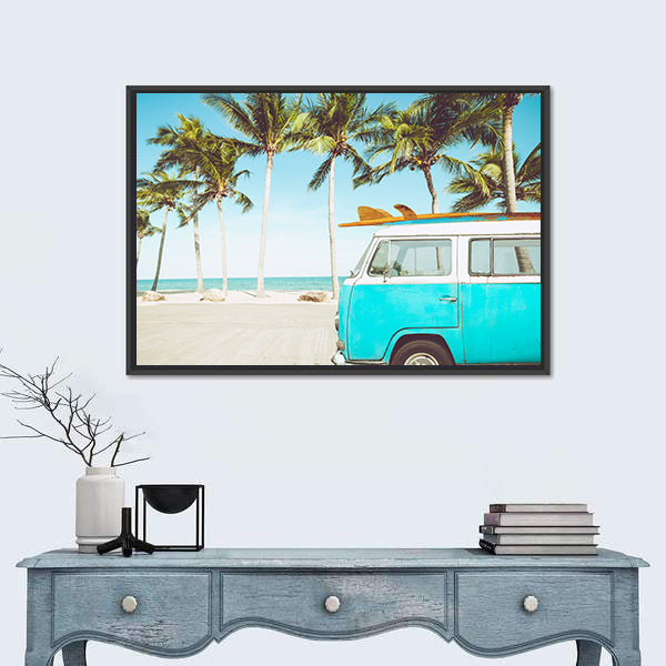 Teal and White Kombi on Tropical Beach Canvas Wall Art