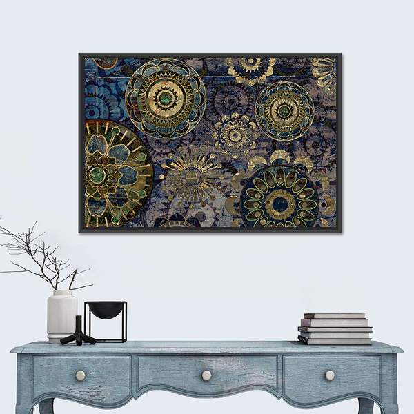 Vintage Floral Mandala Abstract in Navy and Gold Canvas Wall Art