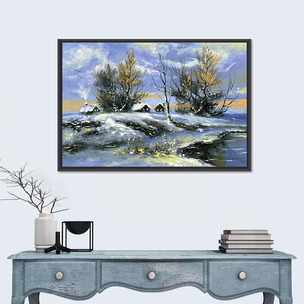 House On Bank Of Lake In Winter Canvas Wall Art
