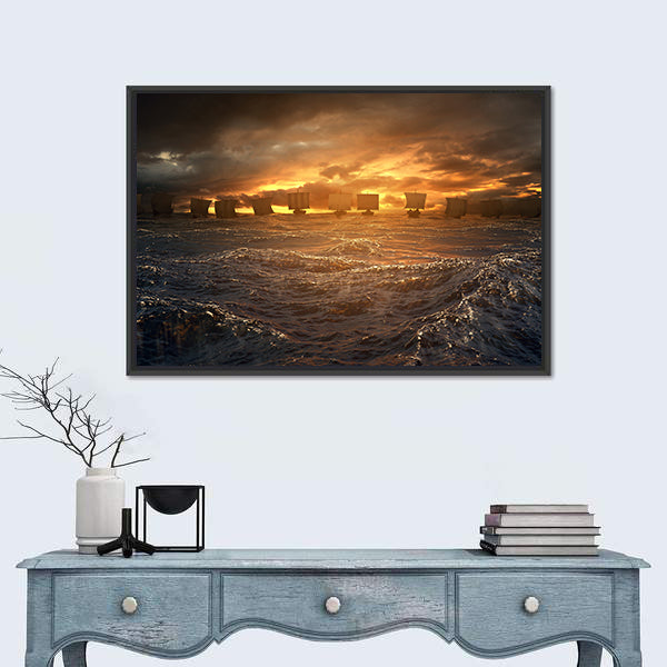Viking Longships at Stormy Sunset Canvas Wall Art