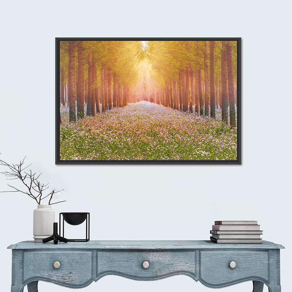 Sunlit Forest Path with Wildflowers Canvas Wall Art