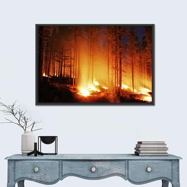 Glowing Forest Fire At Night Canvas Wall Art