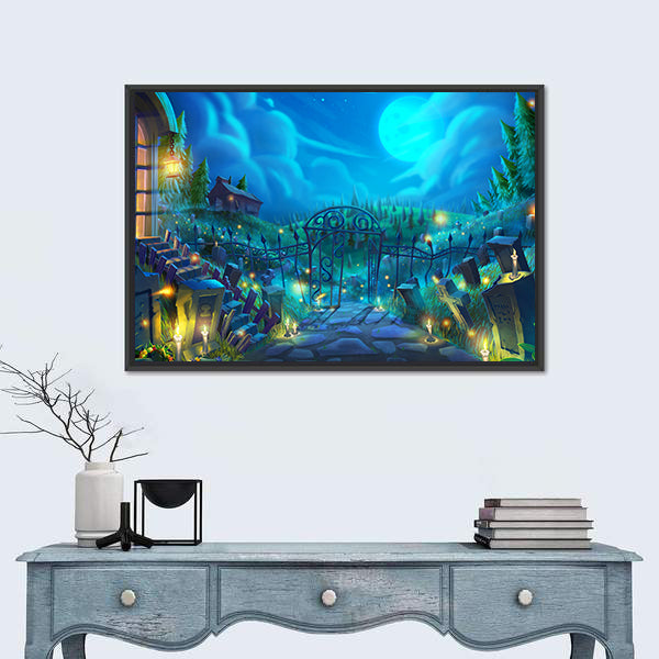 Moonlit Graveyard with Iron Gate Canvas Wall Art