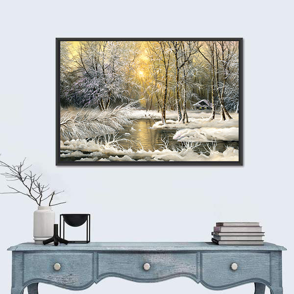 Winter Wooden Forest Lake Canvas Wall Art