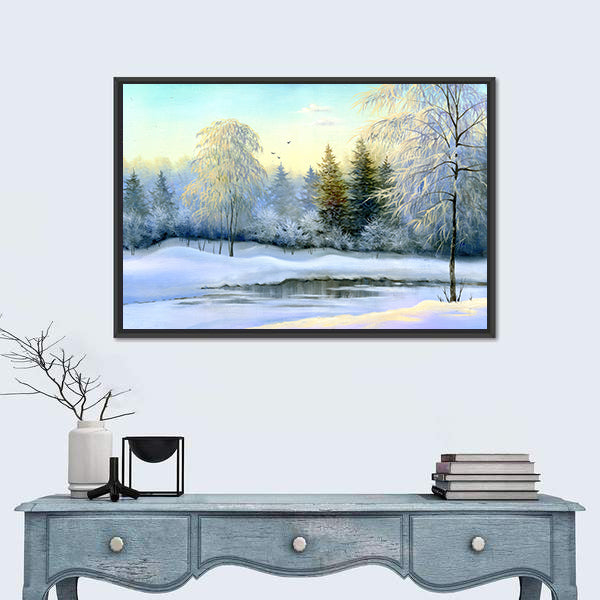 Frozen Lake In Winter Wood Canvas Wall Art