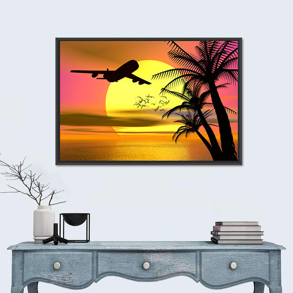 Tropical Sunset With Airplane Canvas Wall Art