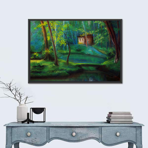 Fairy Tale Forest Cabin at Dusk Canvas Wall Art