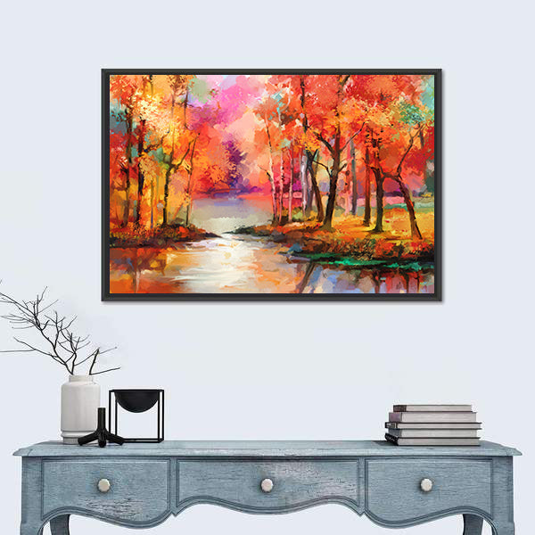 Autumn Forest with River Canvas Wall Art