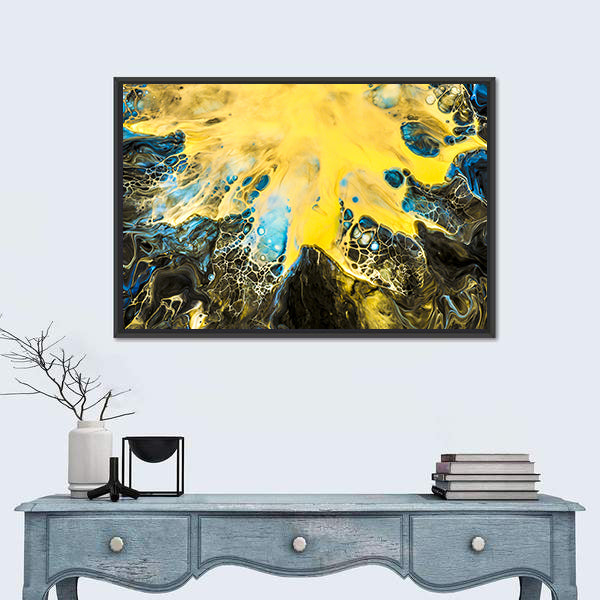 Acrylic Pour Abstract in Gold and Blue Canvas Wall Art