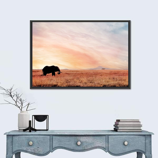 Lonely Elephant In Savannah Sunset Canvas Wall Art