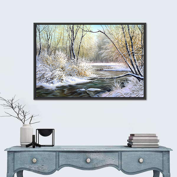 River In Winter Forest Canvas Wall Art