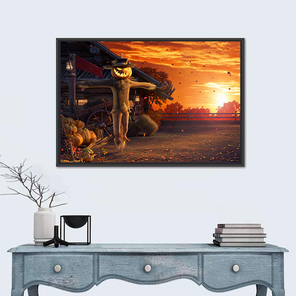 Pumpkin Scarecrow at Autumn Sunset Canvas Wall Art