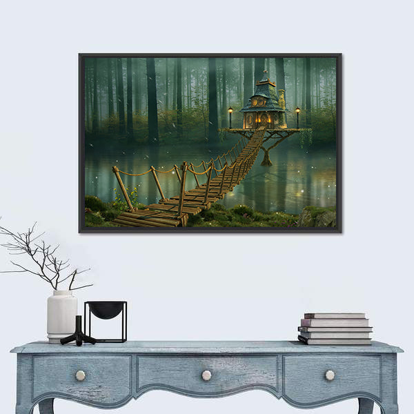 Fairy House on Tree Trunk with Rope Bridge Canvas Wall Art