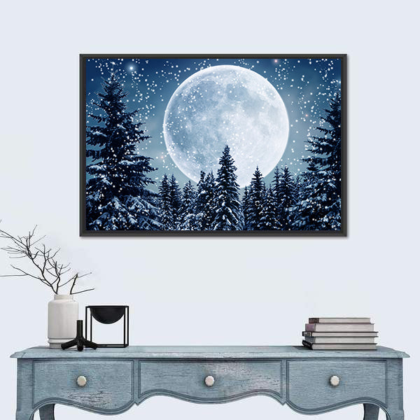 Winter Scene In Full Moon Canvas Wall Art
