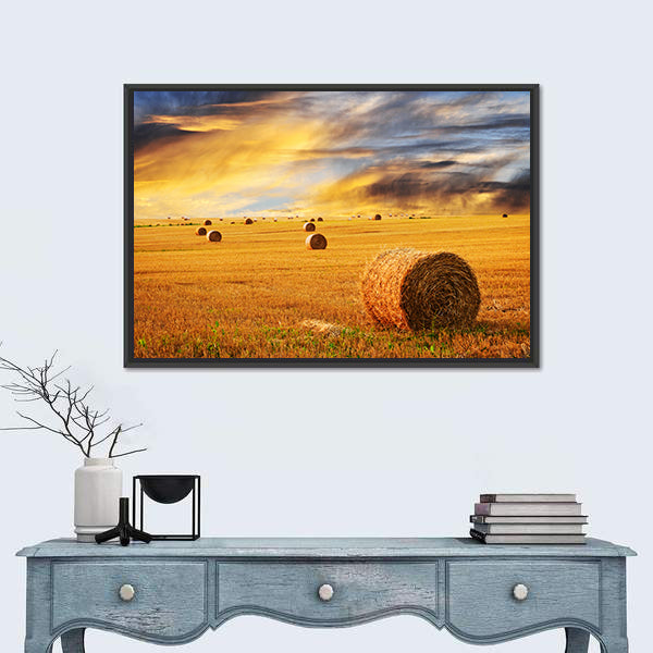 Golden Sunset Over Farm Field With Hay Bales Canvas Wall Art