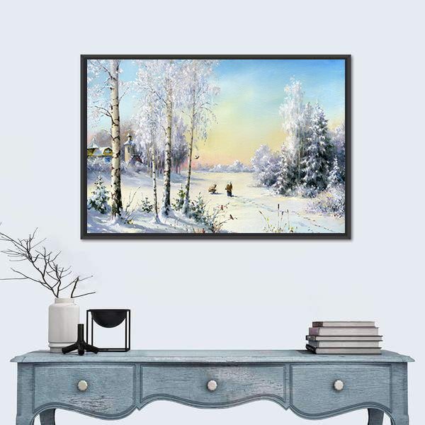 Frozen Lake In Winter Village Canvas Wall Art