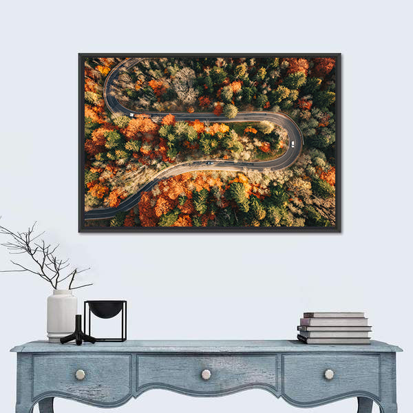 Winding Mountain Road Through Forest In Autumn Canvas Wall Art