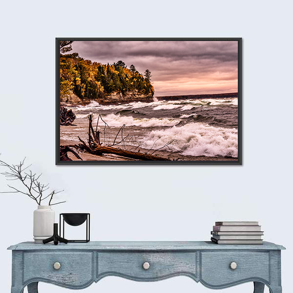 Driftwood on Autumn Lakeshore Canvas Wall Art