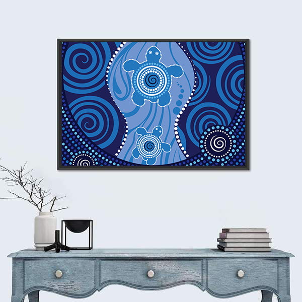 Blue Aboriginal Sea Turtles Dot Painting Canvas Wall Art