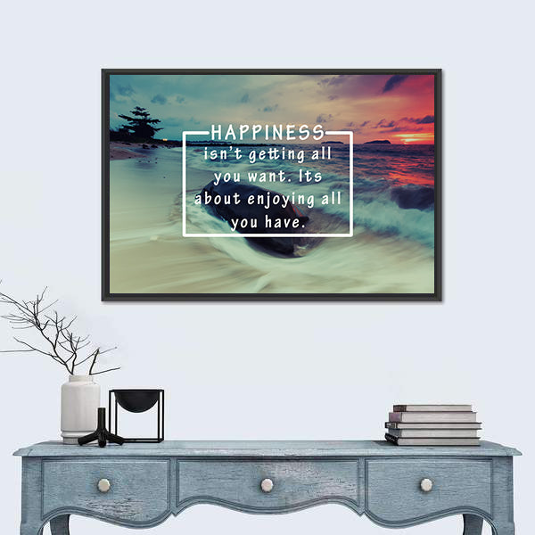 Happiness Quote Over Sunset Beach Canvas Wall Art