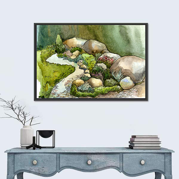 Watercolor Creek in Rock Garden Canvas Wall Art