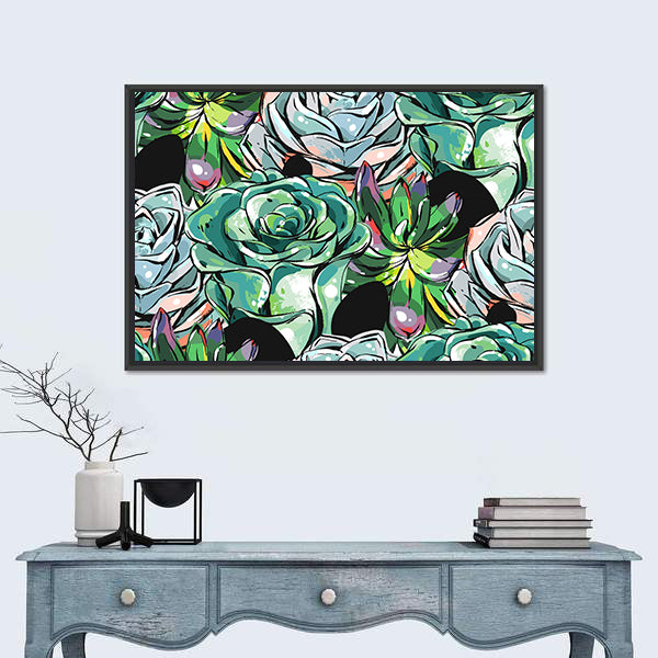 Succulent Cacti Flowers Pattern Canvas Wall Art
