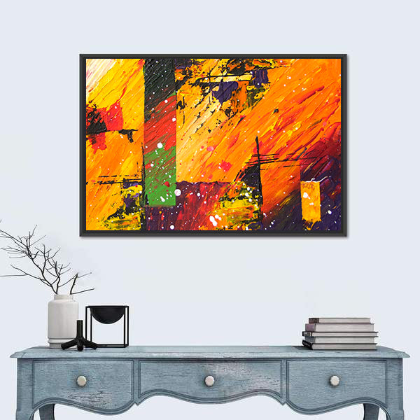 Energetic Orange Abstract with Green Block Canvas Wall Art