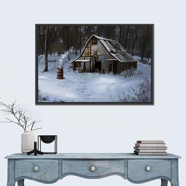 Small Cottage House In The Winter Forest Canvas Wall Art