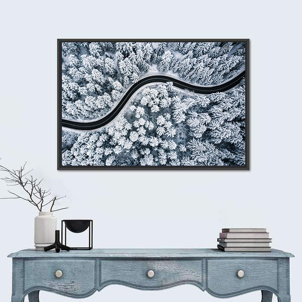 Curvy Windy Road In Snow Covered Forest Canvas Wall Art