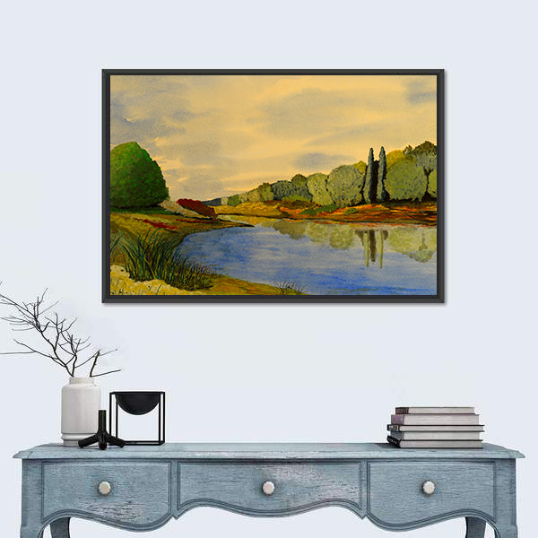 Golden River Bend Watercolor Canvas Wall Art