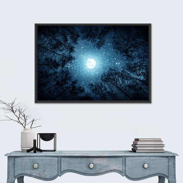 Milky Way And Moon From Forest Trees Canvas Wall Art