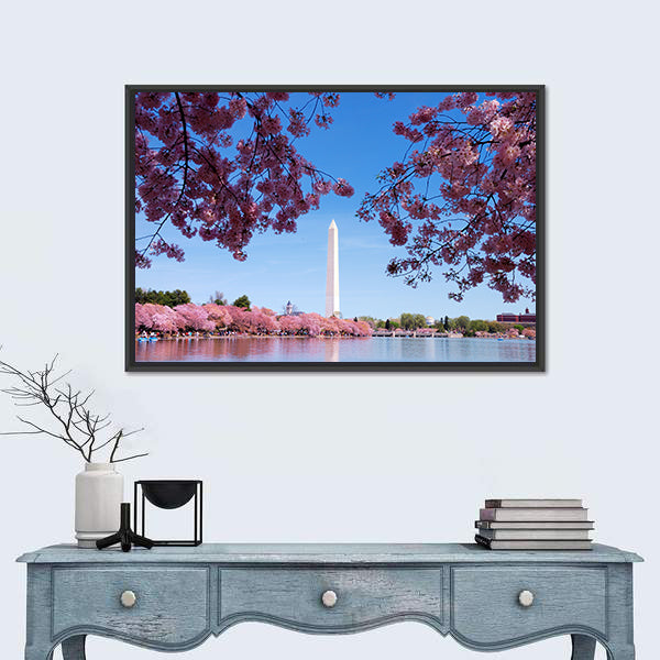 Cherry Blossom And Washington Monument Over Lake Canvas Wall Art