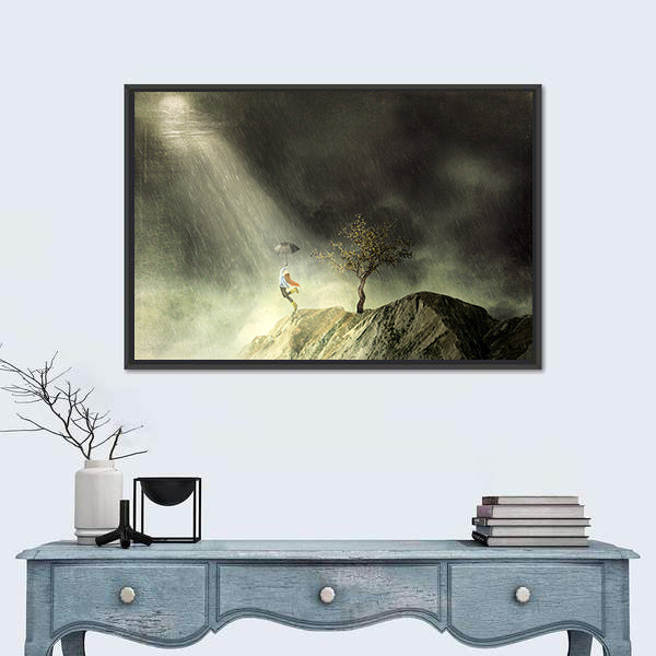 Person with Umbrella on Rainy Cliff Canvas Wall Art