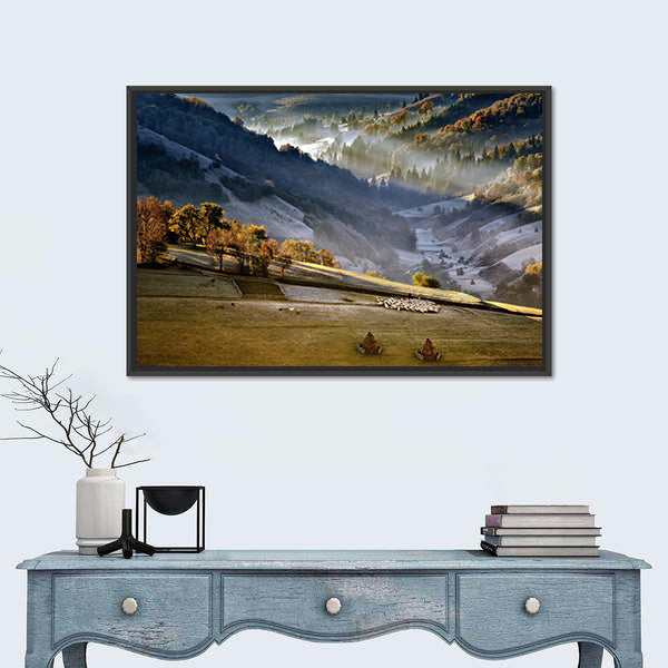 Shepherd With Sheep Heard In The Mountains Of Romania Canvas Wall Art
