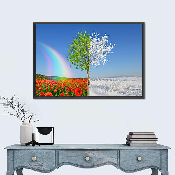 Split-season Tree with Poppies and Snow Canvas Wall Art