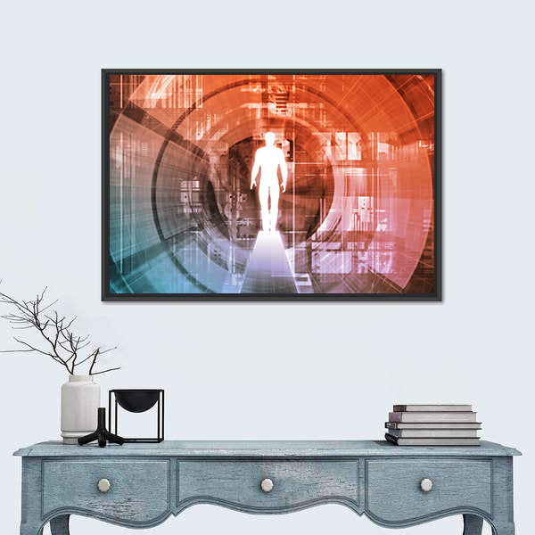 Technology Gateway with Glowing White Figure Canvas Wall Art