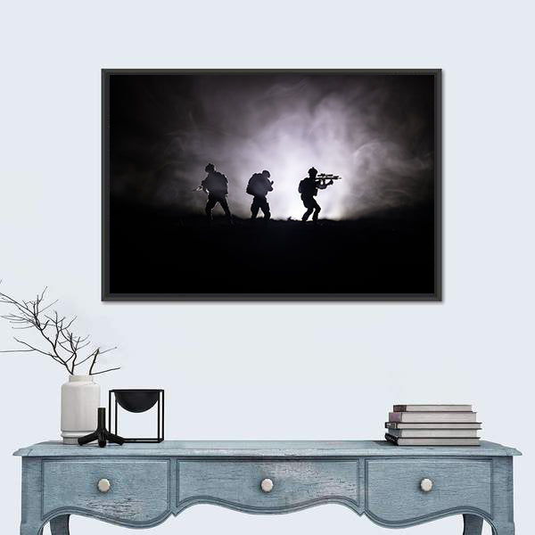 Military Soldier Silhouette With Gun Canvas Wall Art