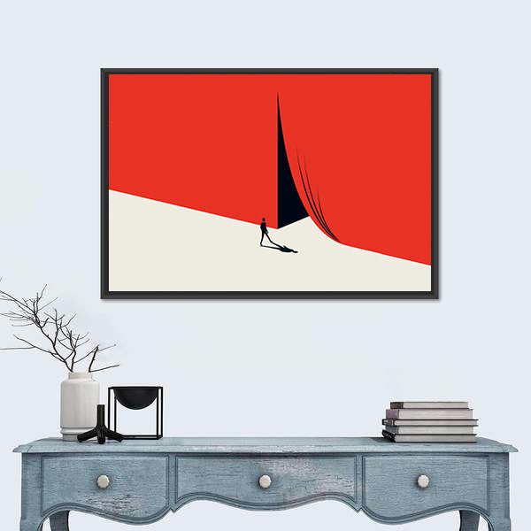 Man Walking Across Red Minimalist Landscape Canvas Wall Art