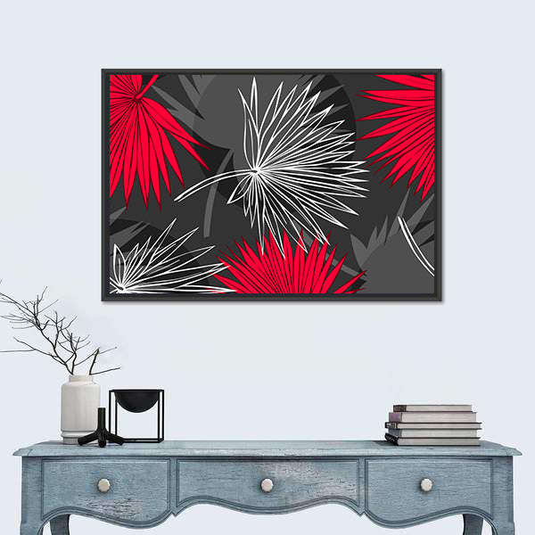 Red and Gray Palm Leaf Pattern Canvas Wall Art