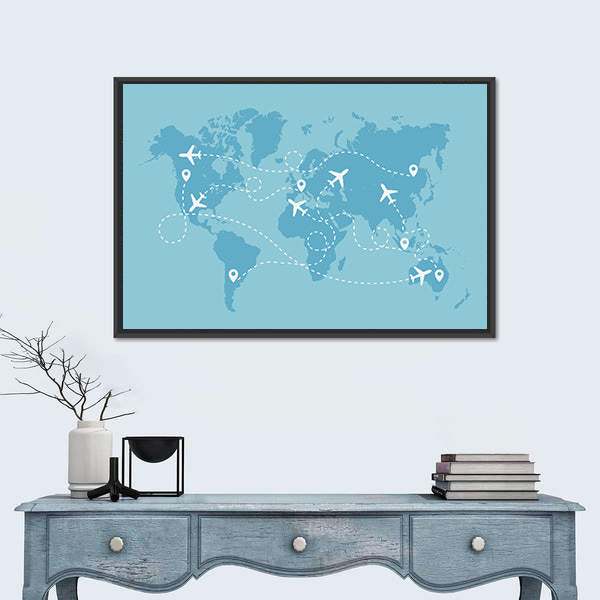 Airplane Travel Route On World Map Canvas Wall Art