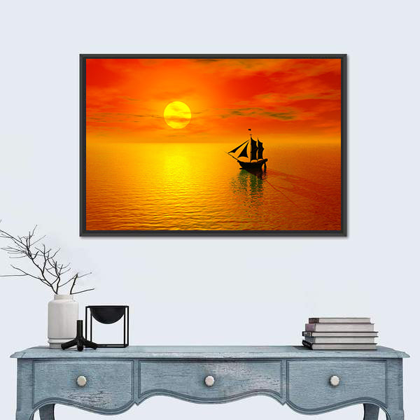 Old Boat Sunset Silhouette Canvas Wall Art