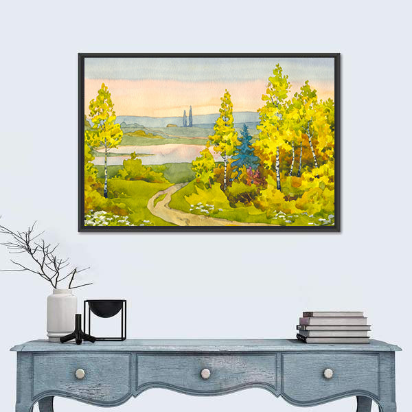 Watercolor Path To The Lake Canvas Wall Art