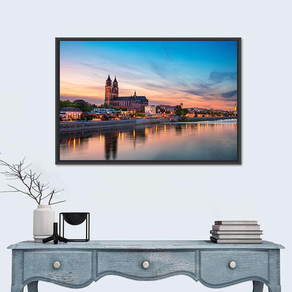 Magdeburg City And Elbe River At Sunset In Germany Canvas Wall Art