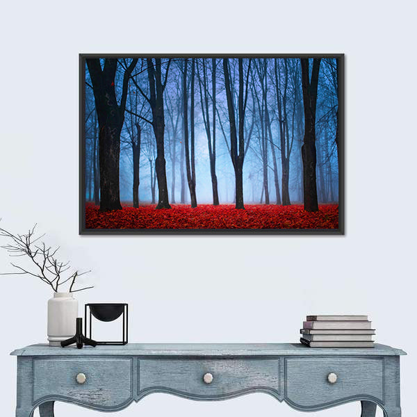 Foggy Autumn Forest with Red Leaves Canvas Wall Art