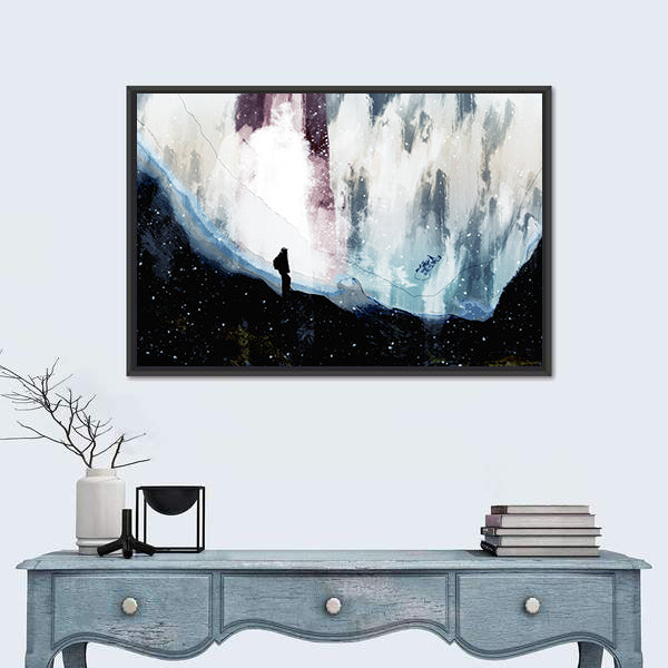 Lone Hiker Beneath Starlit Rift Canvas Wall Art