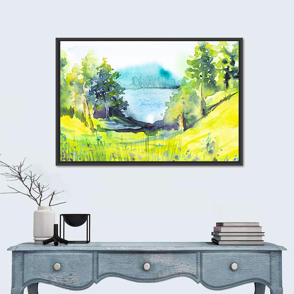 Watercolor Forest By Lake Canvas Wall Art