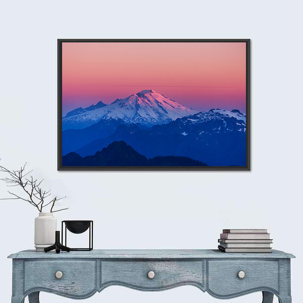 Mountain Peak In North Cascade Range Washington Canvas Wall Art in black, white and pink, framed canvas shown in a room